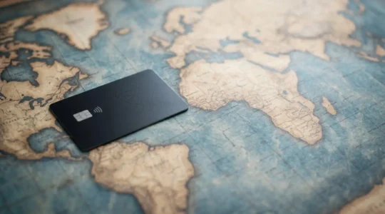 Concept visuel representant le dilemme entre banque mobile et traditionnelle pour un voyageur