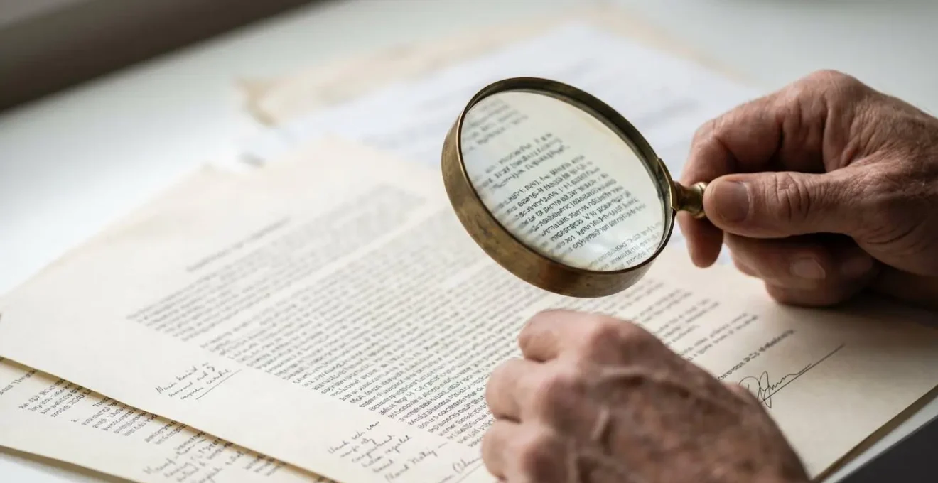 Personne analysant attentivement un document de contrat avec une loupe révélant des détails invisibles