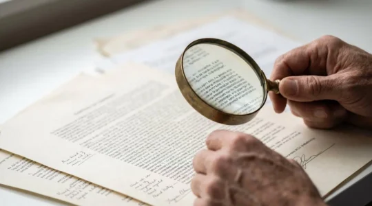 Personne analysant attentivement un document de contrat avec une loupe révélant des détails invisibles
