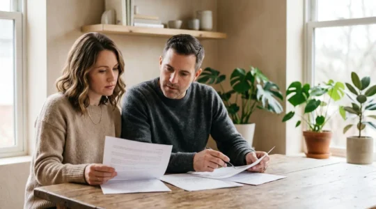 Couple en concubinage consultant des documents financiers ensemble pour sécuriser leur avenir