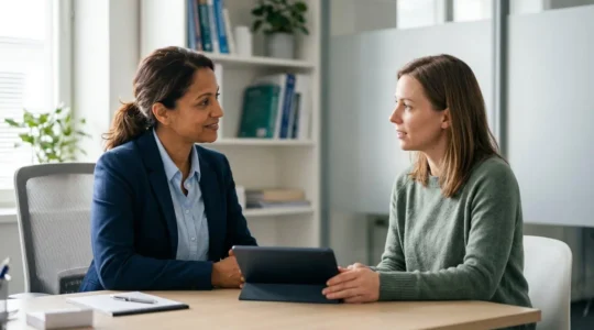 Consultation médicale avec discussion transparente sur les honoraires entre patient et praticien