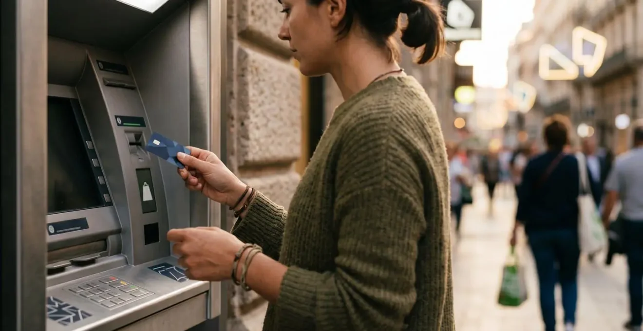 Voyageur consultant sa carte bancaire internationale lors d'un retrait à l'étranger