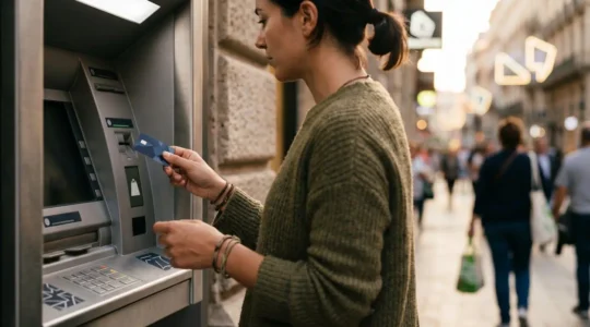 Voyageur consultant sa carte bancaire internationale lors d'un retrait à l'étranger