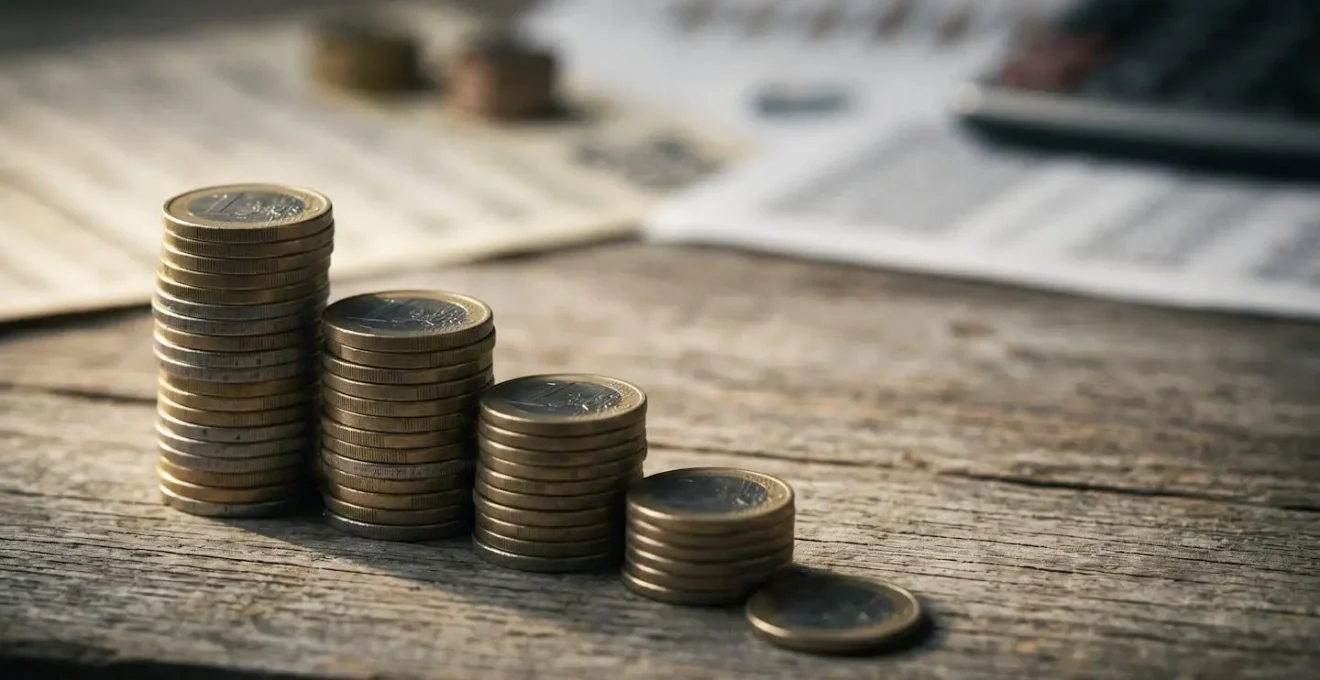 Concept visuel illustrant l'érosion financière : pièces de monnaie et documents financiers sous une lumière dramatique