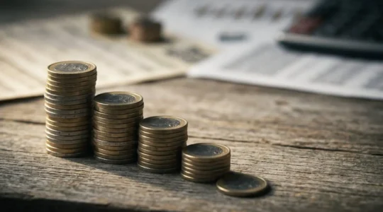 Concept visuel illustrant l'érosion financière : pièces de monnaie et documents financiers sous une lumière dramatique