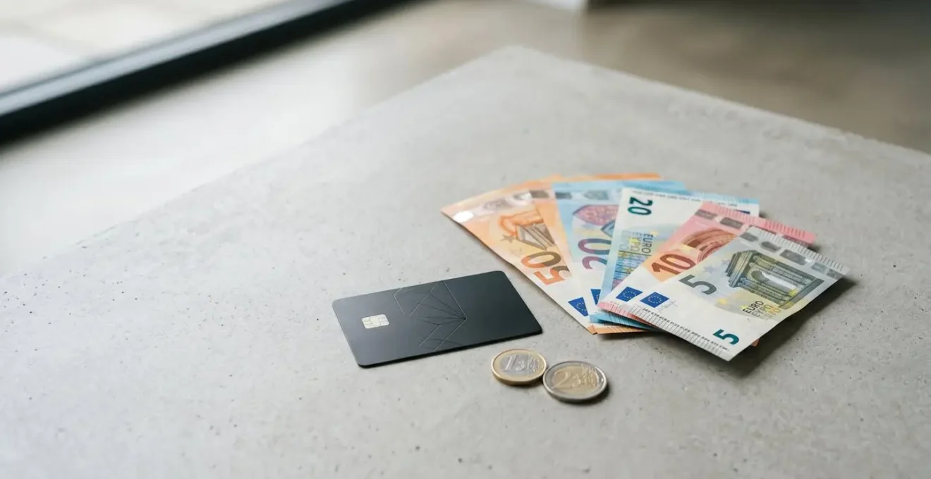 Composition minimaliste montrant une carte bancaire et des billets euros sur fond epure illustrant le concept de cashback quotidien