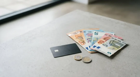 Composition minimaliste montrant une carte bancaire et des billets euros sur fond epure illustrant le concept de cashback quotidien