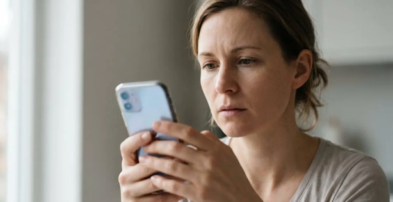 Personne tenant un smartphone dans une main avec une expression inquiète, symbolisant les risques de sécurité bancaire mobile
