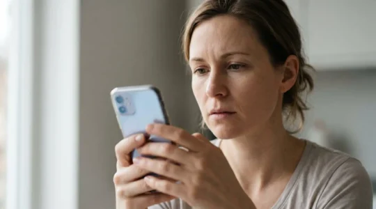 Personne tenant un smartphone dans une main avec une expression inquiète, symbolisant les risques de sécurité bancaire mobile