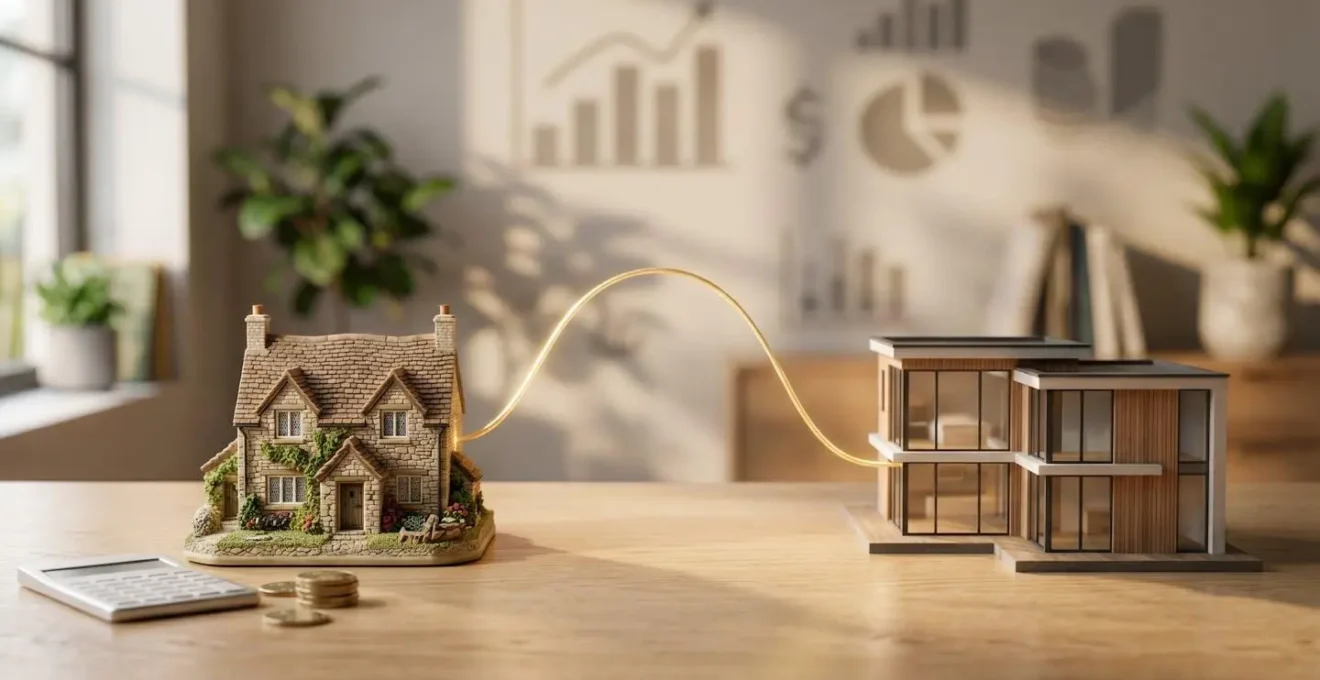 Concept de transfert de prêt immobilier entre deux biens avec symbolique financière