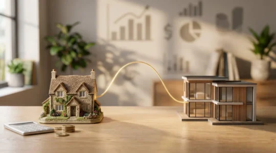 Concept de transfert de prêt immobilier entre deux biens avec symbolique financière