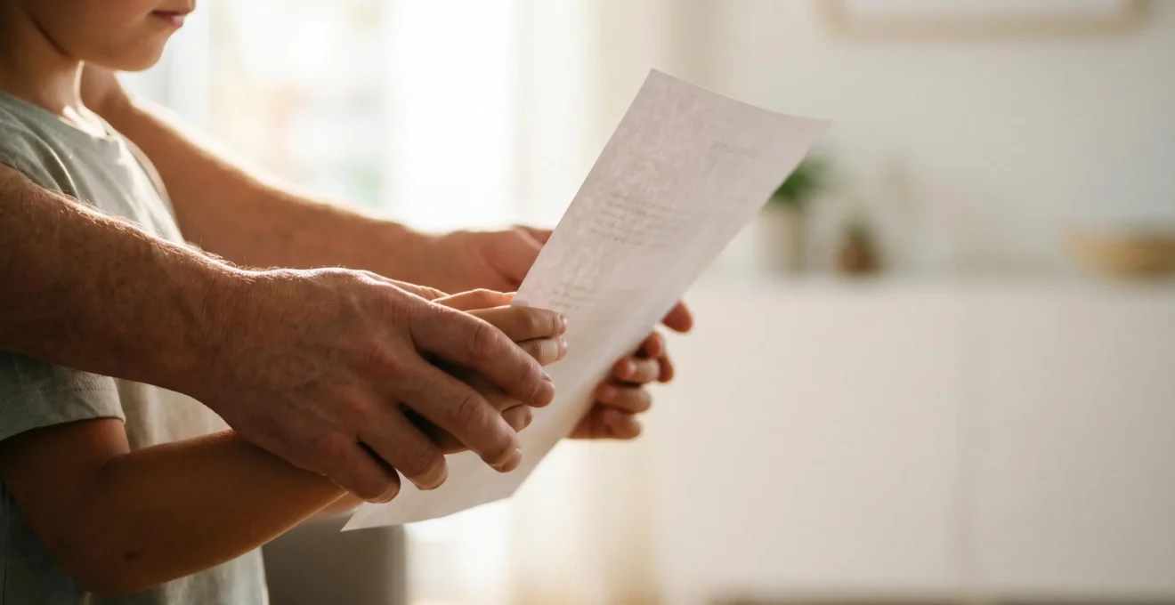 Mains d'adulte et d'enfant protégeant symboliquement un document financier dans une atmosphère chaleureuse et sécurisée
