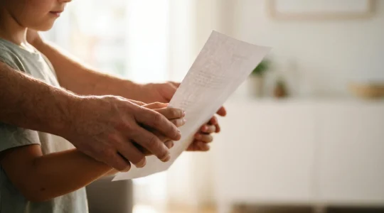 Mains d'adulte et d'enfant protégeant symboliquement un document financier dans une atmosphère chaleureuse et sécurisée