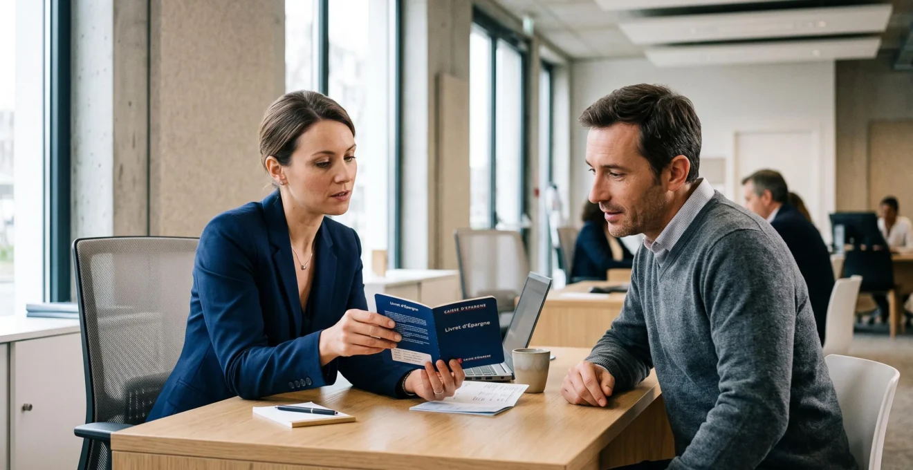 Conseiller bancaire présentant un livret d'épargne physique à un client lors d'une consultation dans une agence bancaire française