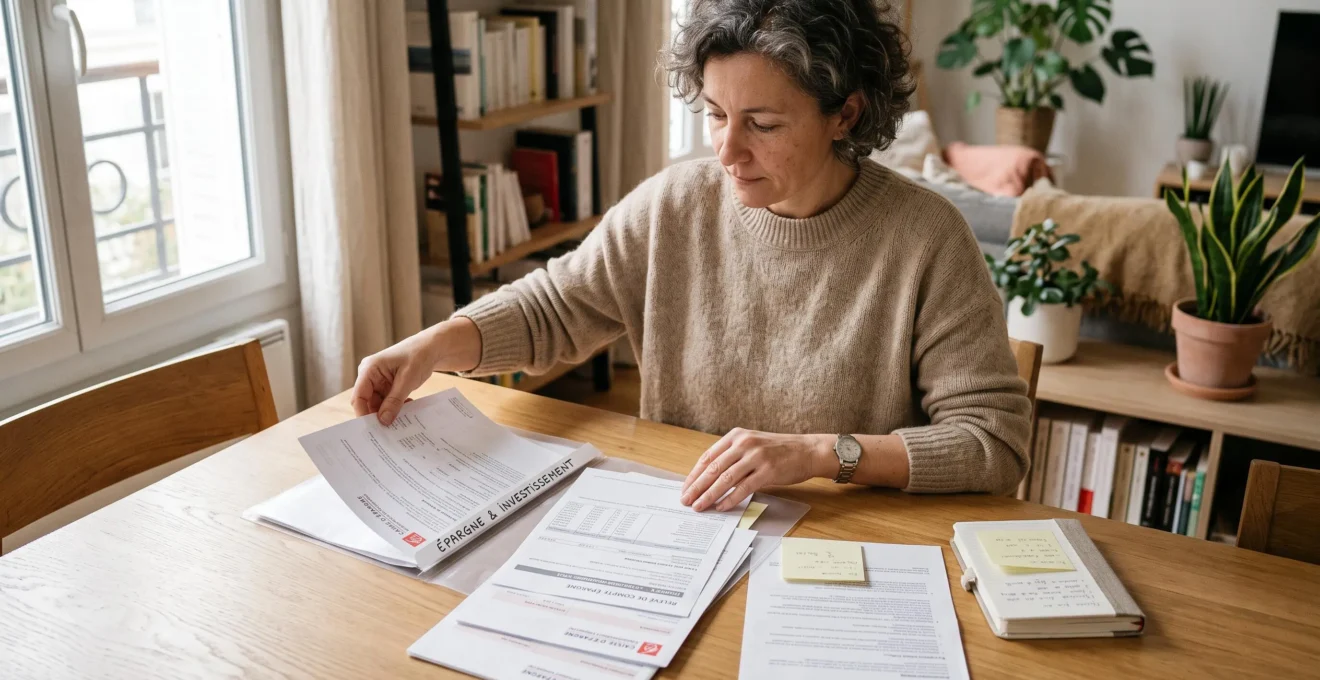 Personne organisant des documents bancaires et relevés d'épargne sur une table en bois dans un environnement domestique